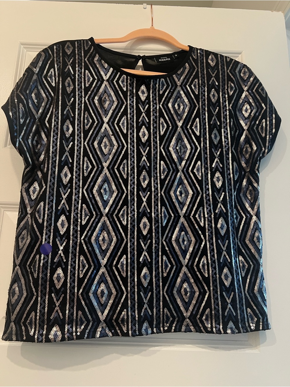 KappAhl Black Top with Silver and Royal Blue Geometric Sequin Pattern